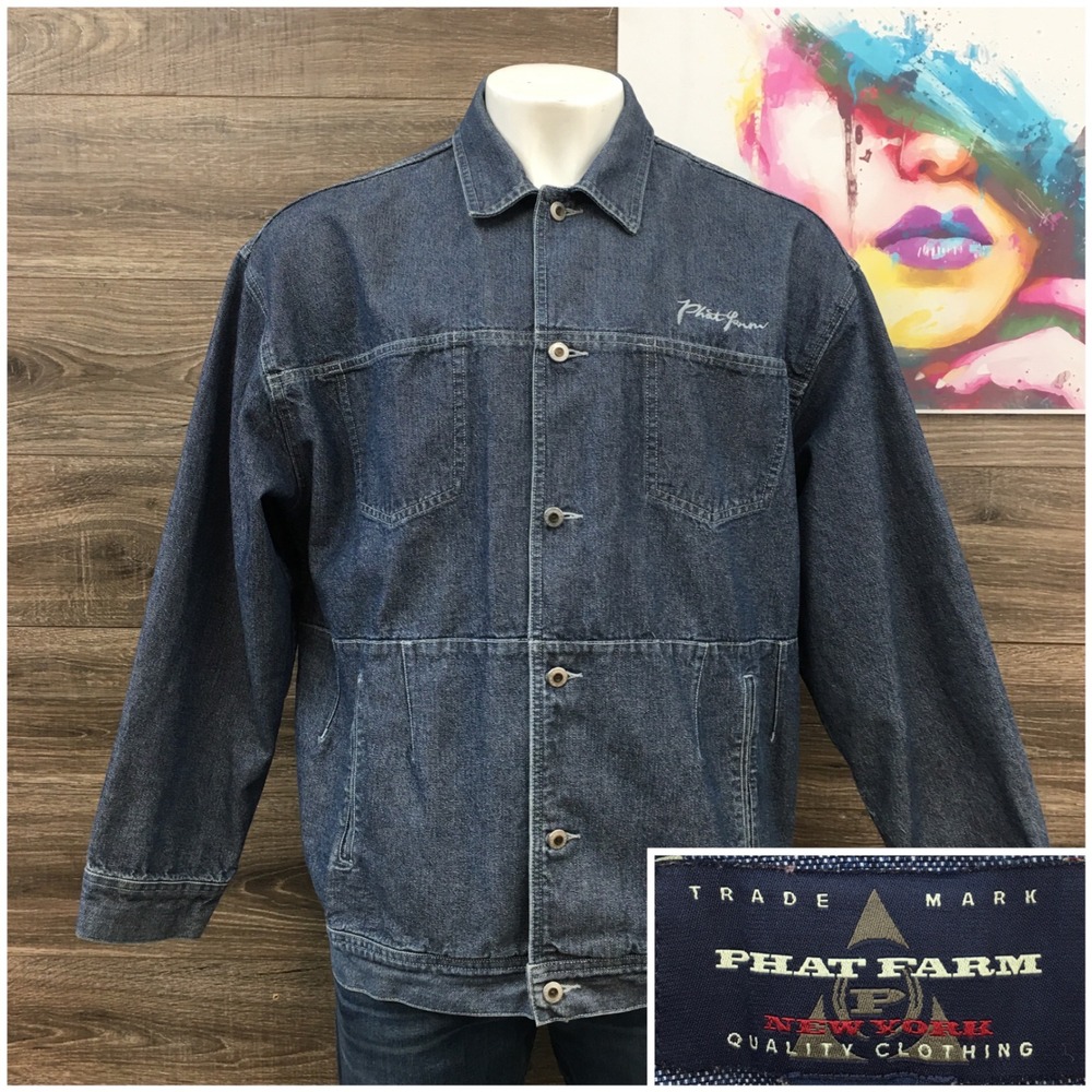 VINTAGE Phat Farm Mens Y2K XXXL Denim Jacket Dark Wash Hip Hop Streetwear Blue